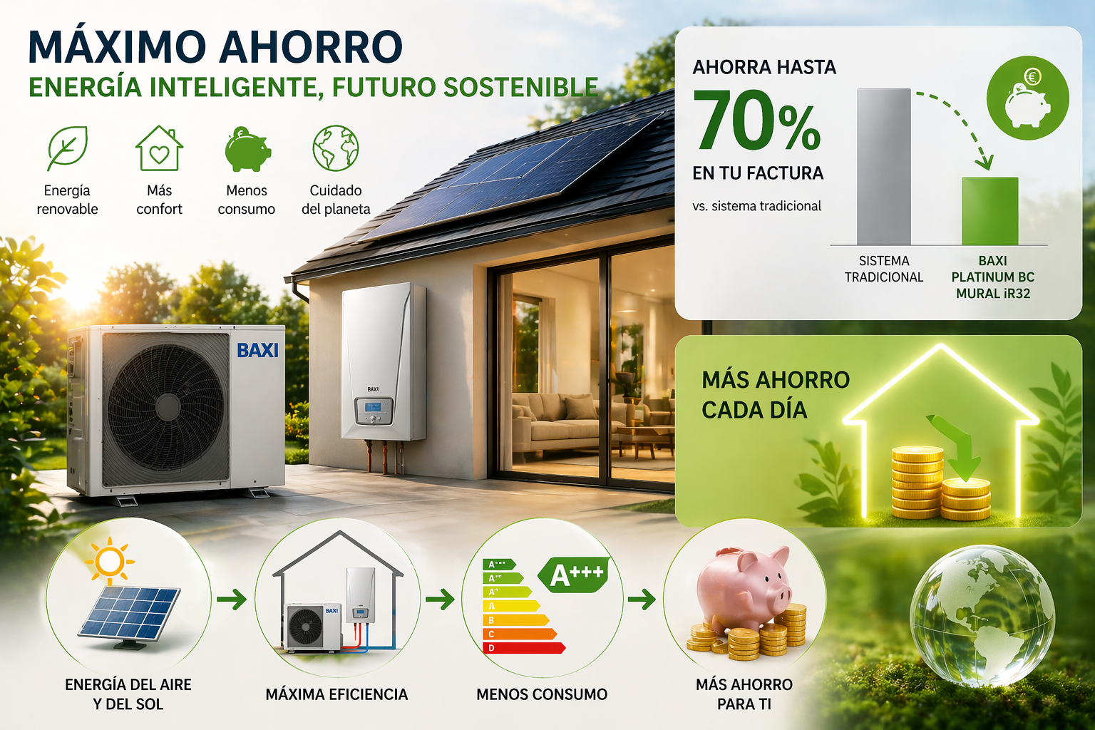 Ahorro energético y solución sostenible para el hogar La BAXI PLATINUM BC MURAL iR32 12 TR aprovecha la energía del aire para generar climatización, reduciendo significativamente el consumo eléctrico y las emisiones. Su tecnología inverter, junto con la regulación inteligente y la sonda exterior, permite anticiparse a los cambios de temperatura y ajustar el funcionamiento del equipo en tiempo real.  Esto se traduce en un sistema altamente eficiente, preparado para cumplir con las normativas energéticas actuales y futuras, y perfectamente compatible con instalaciones de autoconsumo energético, como placas solares, lo que multiplica el ahorro y la eficiencia global.